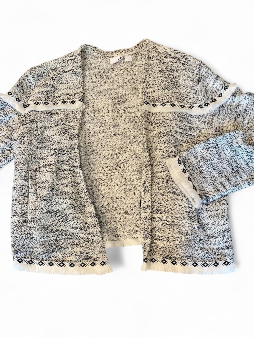 Jack by BB Dakota Black & White Marled Open-Front Fringe Cardigan Large - Picture 4 of 9